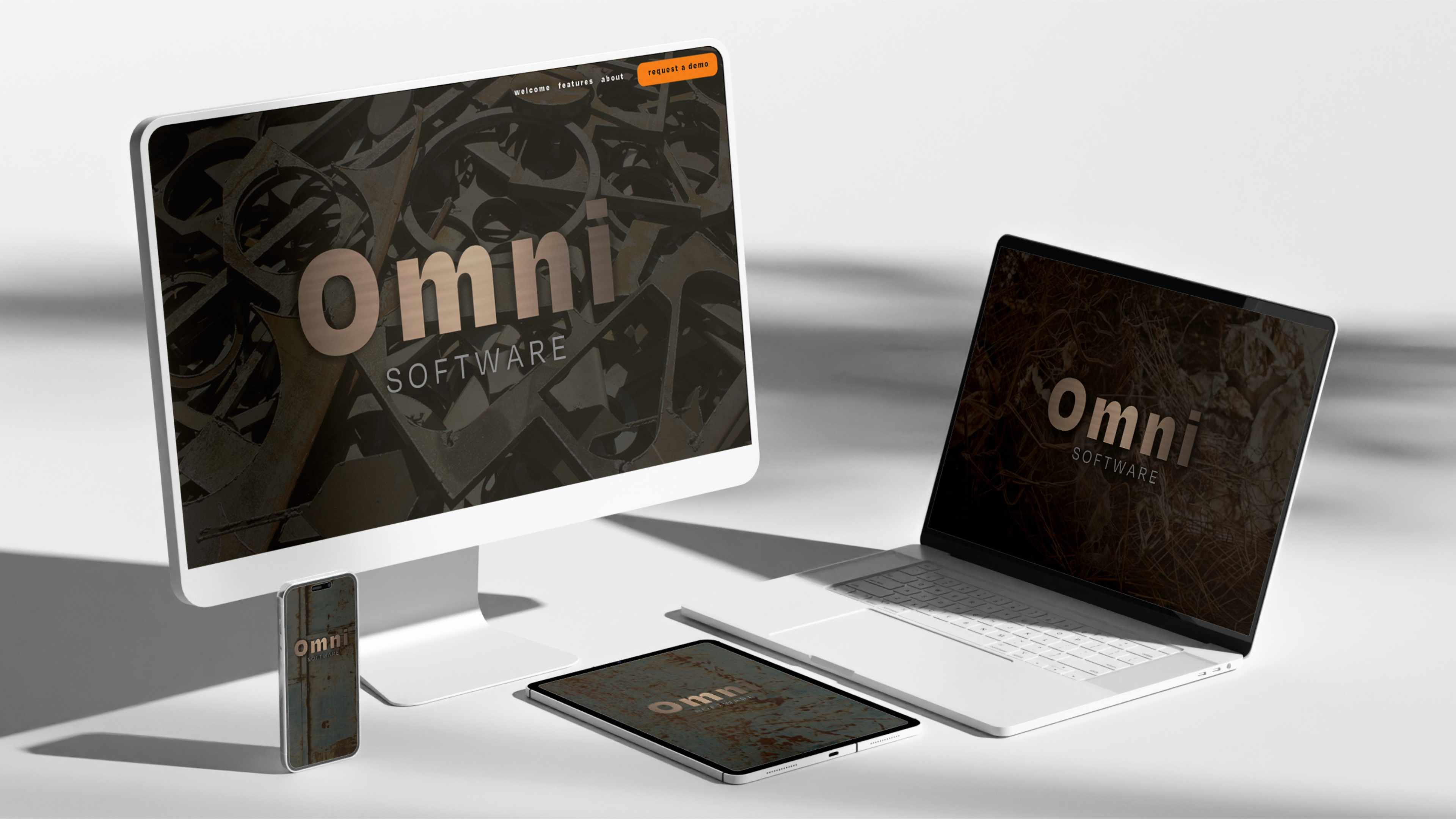 A collection of mockup devices with the Omni Software branding displayed